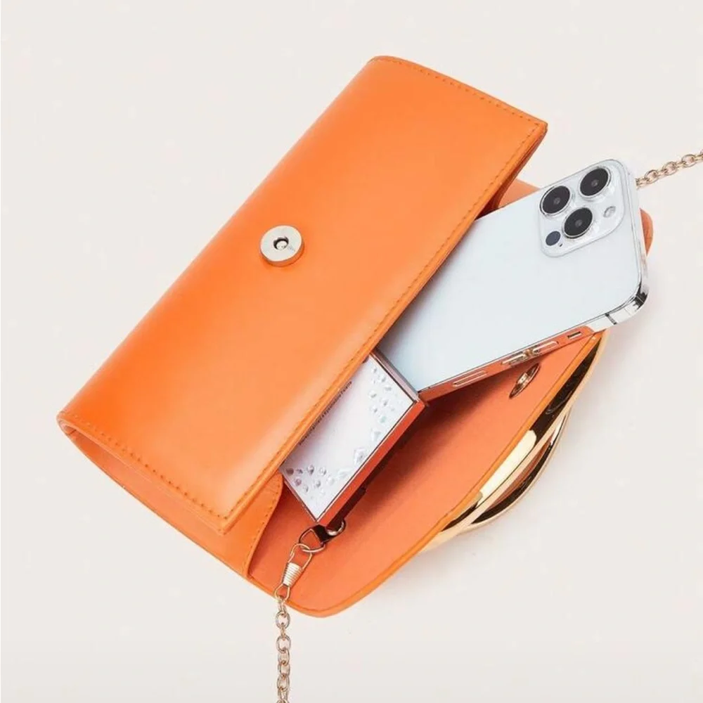 Orange Leather Clutch with Gold Handle